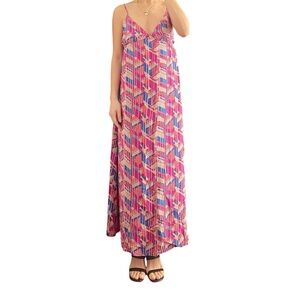 Champagne & Strawberry 100% Silk Geometric Print Flowy Pink Maxi Dress Size M